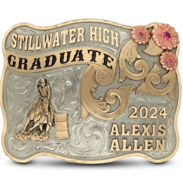 A custom graduation belt buckle for Stillwater High School graduate featuring a barrel racing cowgirl figure 